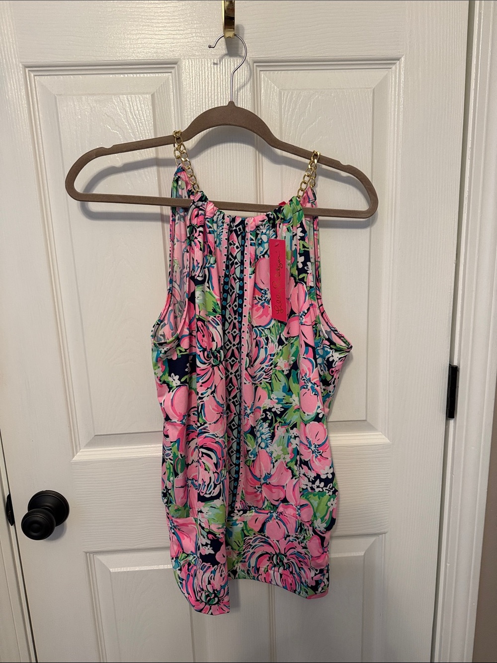 Brand New Lilly Pulitzer Floral Chain-Strap Tank Top in Pink & Navy